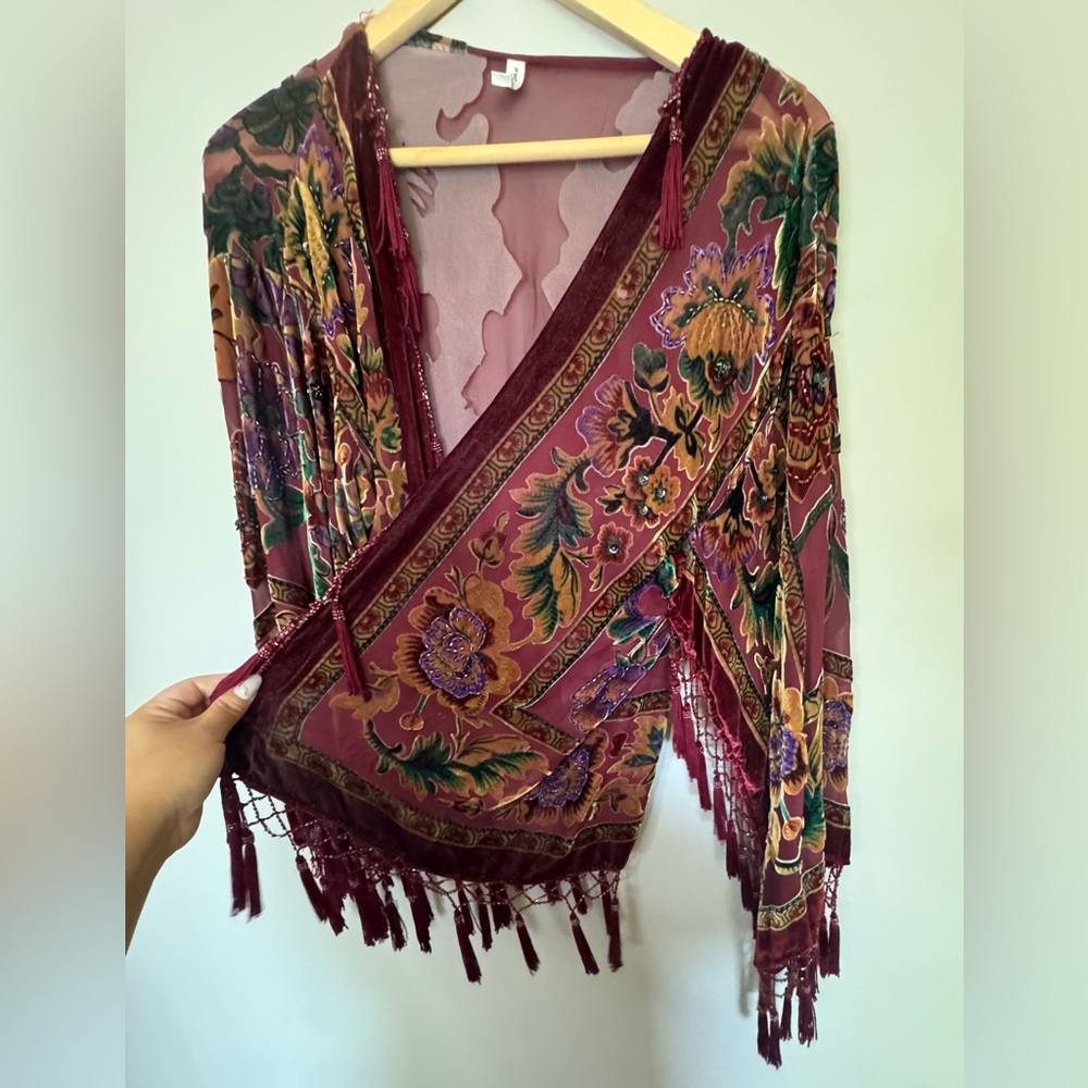 Hand Beaded Velvet and Mesh  Shaw Open Blouse